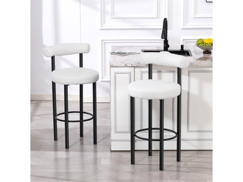  Lot de 2 tabourets de bar, chaises de bar en tissu bouclette avec dossier incurvé, repose-pieds, 50x52,5x98cm, blanc  - Conforama D