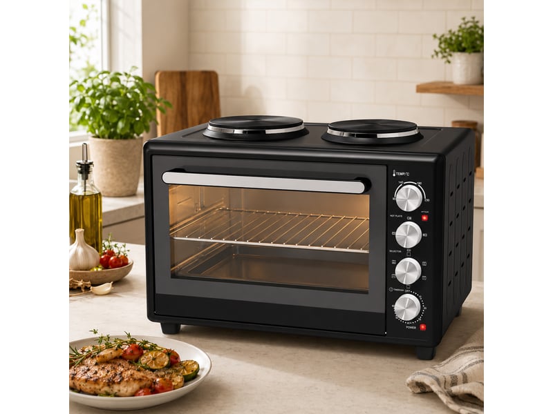  Mini-four avec 2 plaques de cuisson et broche rotative 46l 2850 w, four à convection multifonction, minuterie, noir  - Conforama A
