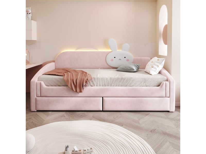  Lit simple 90 x 200 cm cadre de lit à rangement intégré éclairage led dossier et coussin lapin accoudoirs rembourrés revêtement en velours rose structure rembourrée  - Conforama B