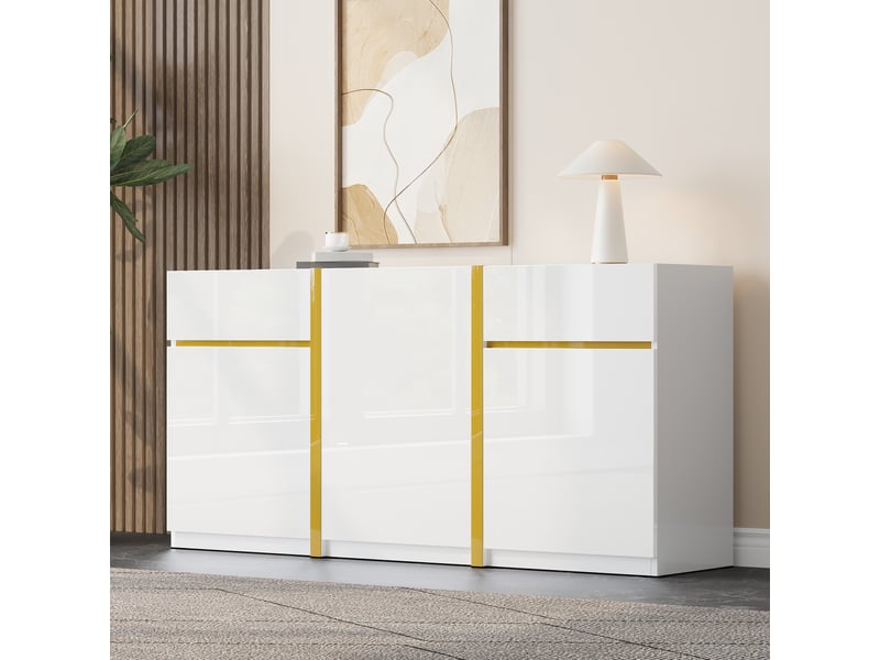 Buffet de rangement 3 portes 2 tiroirs avec étagères réglables - lpospi - finition brillante mdf blanc 160 × 40 × 78 cm - Conforama C