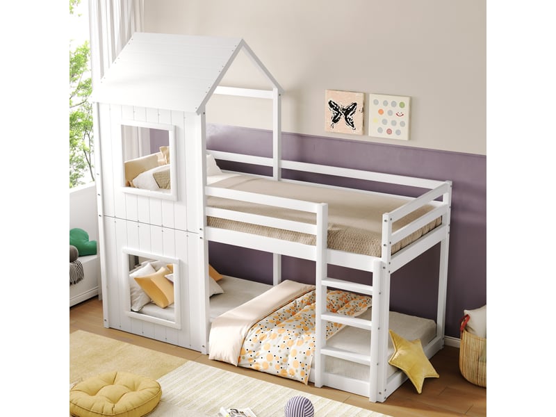  Lit cabane enfant 90x200 cm avec barrières de sécurité, blanc, lit superpose avec échelle et baldaquin  - Conforama A