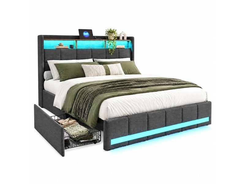  Cadre de lit de rangement 160×200 cm, avec 4 tiroirs de rangement et tête de lit à étagères, lit double rembourré avec éclairage led et ports de charge usb type-c, en lin gris, matelas non inclus 231205TT0705#ADHWzeanLpFRHF - Conforama A