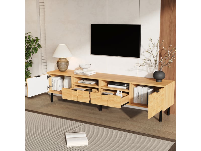  Meuble tv bas 200 cm, finition bois naturel, avec façades en relief  - Conforama D