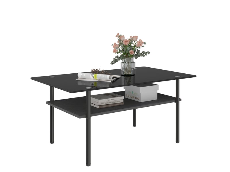  Table basse rectangulaire à 2 niveaux avec étagère - lpospi - verre trempé, mdf et métal noir 98 × 58 × 45 cm  - Conforama A
