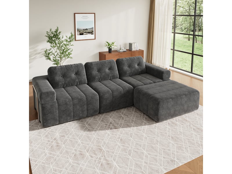  Canapé modulable en l gris 4 places 258 × 165 × 79 cm, chenille et pouf Fay Lum - Conforama B