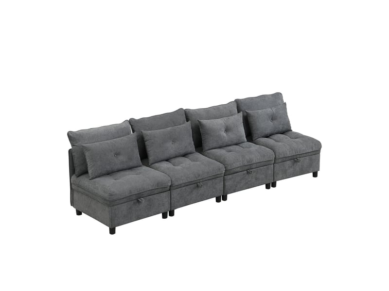  Canapé modulable convertible 4 places gris en tissu, rangement sous assise et 8 coussins pour le salon  - Conforama A