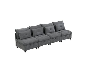 Canapé modulable convertible 4 places gris en tissu, rangement sous assise et 8 coussins pour le salon