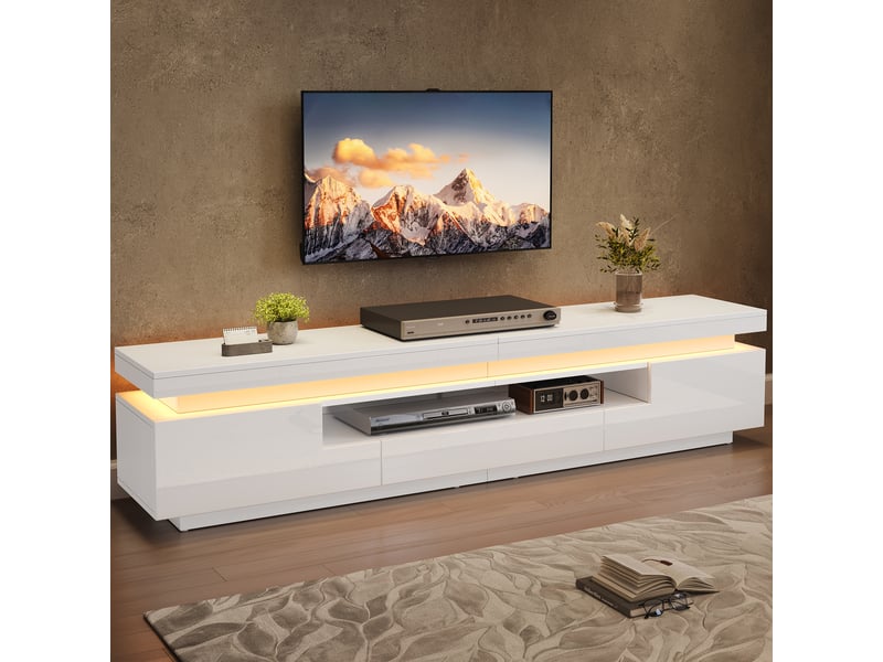  Meuble tv avec 2 portes, 1 tiroir et niche led pour salon 175×38×45 cm en panneaux de particules blanc  - Conforama C