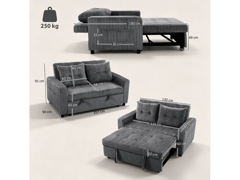 Canapé convertible 2 places 3 en 1 avec dossier réglable, coussins et poches latérales en polyester gris foncé - Conforama C