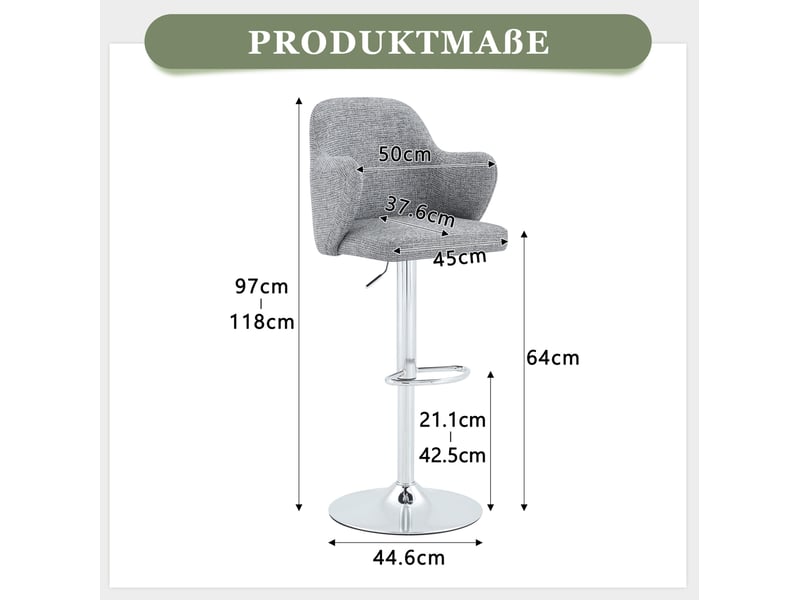  Tabourets de bar réglables en hauteur lot de 2, accoudoirs ergonomiques, pivotants à 360°, structure en métal, gris  - Conforama C
