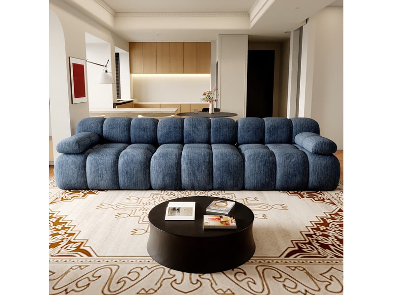  Canapé droit 3 places compressé 300x100x68 cm sans montage, mousse douce et tissu couleur bleu, moderne  - Conforama E