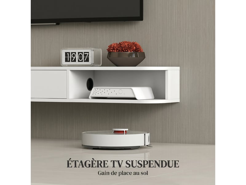  Meuble tv suspendu, meuble télé pour téléviseur jusqu'à 75 pouces, tiroir rabattable, 180x24x16cm, 2 étagères, blanc  - Conforama A