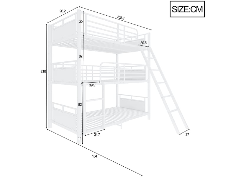  Lit superposé triple 3x90x200 cm 3 couchages, design démontable, métal 2 échelles, garde-corps blanc sans matelas  - Conforama C