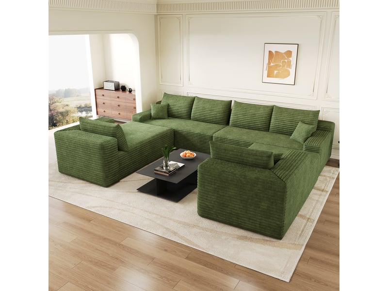  Canapé modulable convertible 2 places 302 x 242 x 83 cm, canapé-lit sans structure, rembourrage mousse, design minimaliste, velours côtelé, vert Bliss Lite - Conforama D