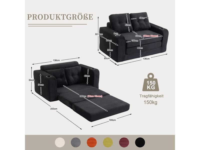  Canapé convertible 2 places en velours côtelé noir 136 cm, canapé lit compact avec assise rembourrée pour petit salon IKSETERA TRADING LTD - Conforama C
