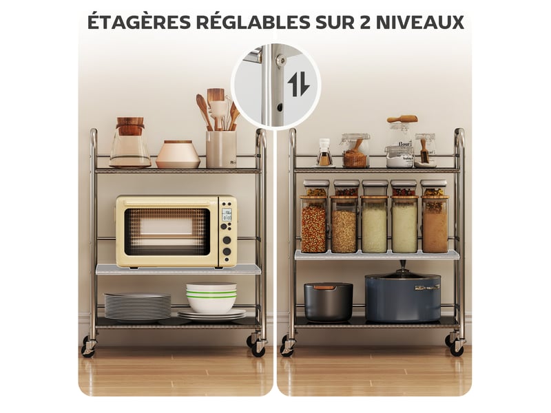  Desserte de cuisine à roulettes 3 niveaux en acier inoxydable argenté 60 x 35 x 77 cm  - Conforama E
