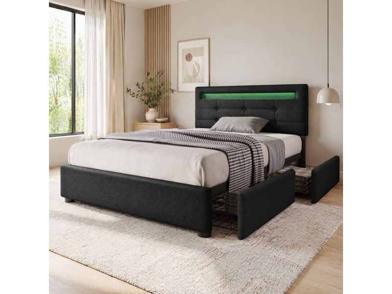  Modenvie lit 1 place 90x200 cm - led, 2 tiroirs et tête de lit réglable, matelas inclus - noir  - Conforama B