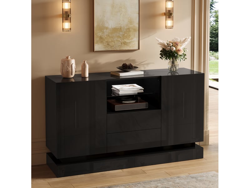  Buffet 140x40x80 cm avec led contrôlée par application en panneaux de particules noir  - Conforama D