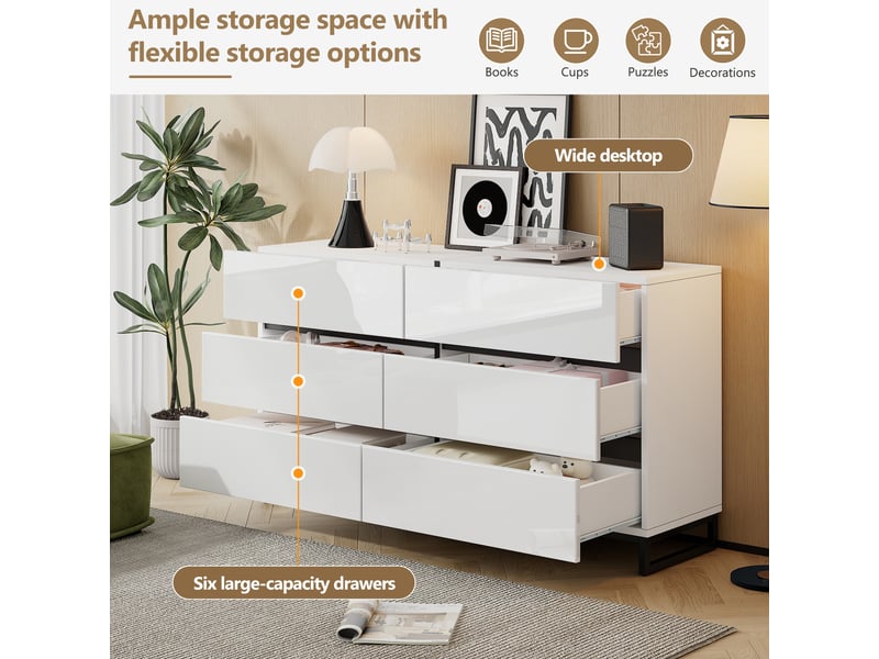  Buffet de salon 140 cm commode avec 6 tiroirs blanc et noir  - Conforama B