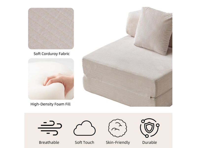  Canapé convertible au sol 1 place pliable avec accoudoirs et coussin pour couchage d'appoint en velours côtelé blanc  - Conforama E