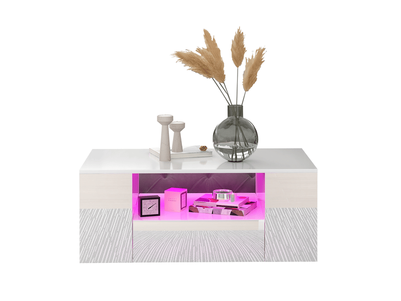 Table basse avec 2 tiroirs et 2 niches led, style moderne, pour salon, en panneau de particules, blanc brillant - Conforama A