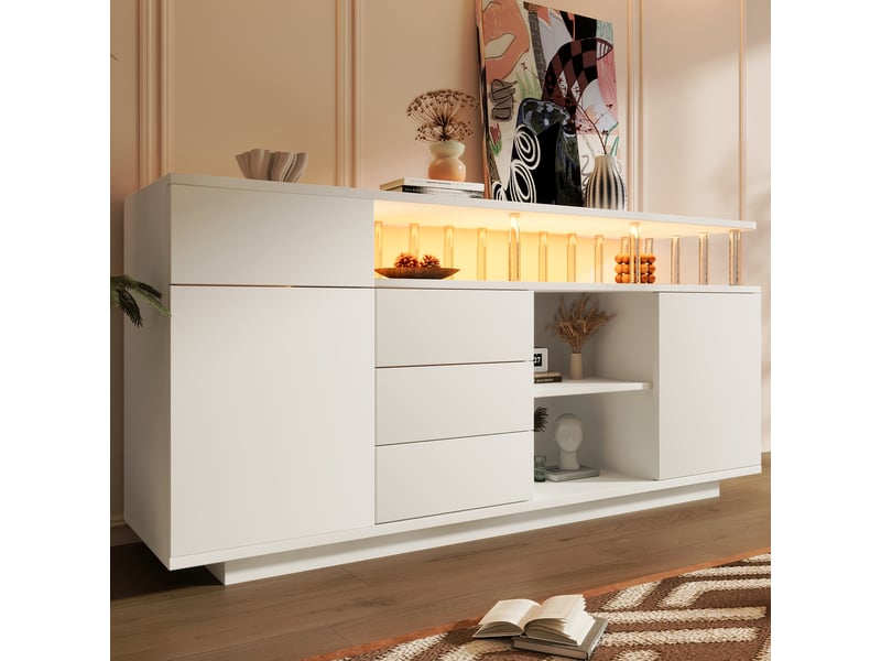 Buffet led 160x40x75 cm, bahut avec 4 tiroirs et 2 portes, meuble de rangement salon avec étagères réglables, mdf et acrylique - blanc - Conforama B