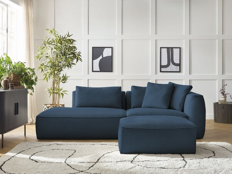 Bobochic canapé droit fixe 3 places leopold velours côtelé avec pouf bleu foncé accoudoir droit LEOPOLD - Conforama C
