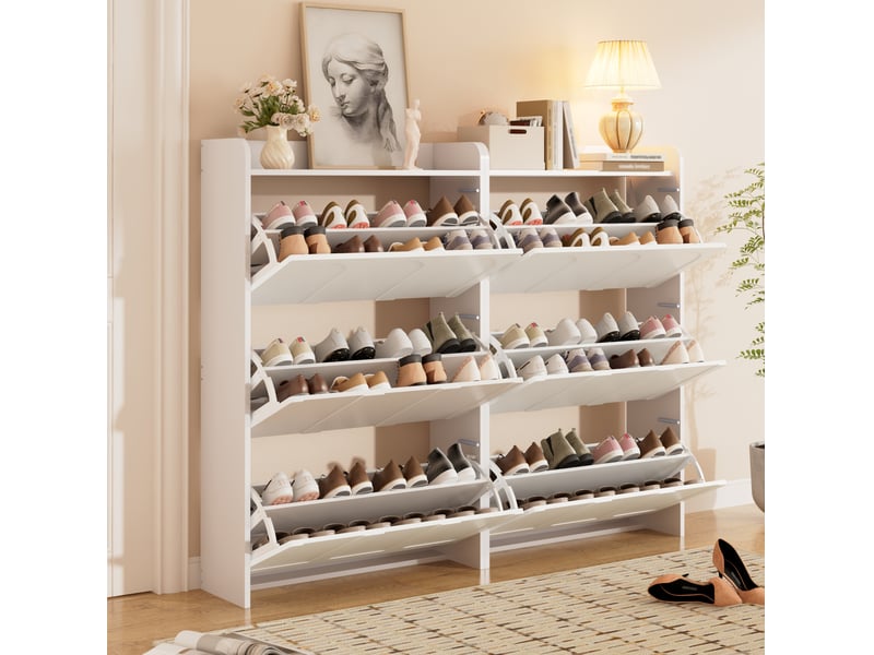Meuble à chaussures avec 6 portes abattantes et 12 compartiments pour entrée en mdf blanc 140 × 25 × 120 cm - Conforama B