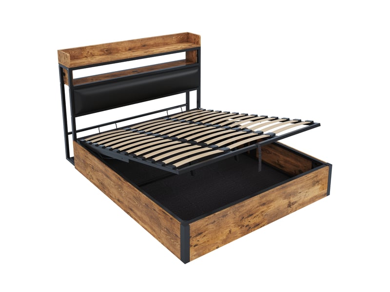 Lit coffre adulte 180x200 cm – noir – rangement hydraulique, tête de lit rembourrée et ports usb intégrés - Conforama D