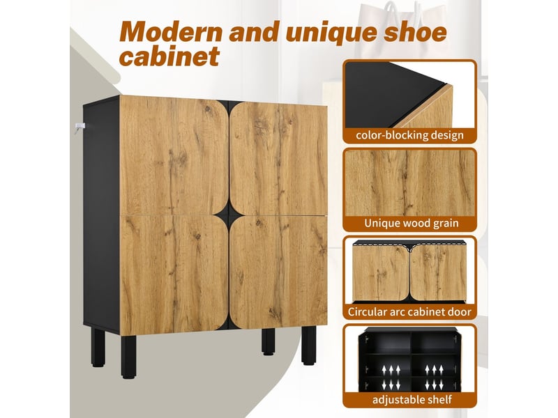  Meuble à chaussures, 4 portes incurvées armoire à chaussures, étagères réglables, pieds en fer noir, design unique  - Conforama D