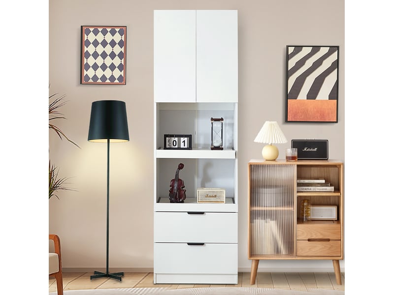  Colonne de cuisine avec 1 porte, 2 tiroirs et 2 étagères ouvertes pour micro-ondes, blanc, 59,5 × 45 × 200 cm  - Conforama B