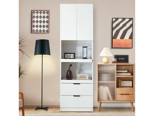 Colonne de cuisine avec 1 porte, 2 tiroirs et 2 étagères ouvertes pour micro-ondes, blanc, 59,5 × 45 × 200 cm