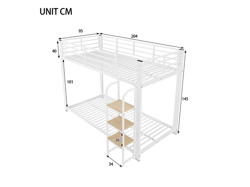 Lit superposé 90x200cm - lit simple enfant en métal avec échelle à marches en bois - barrière de sécurité haut - blanc - Conforama E