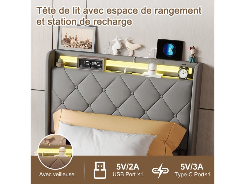  Lit simple rembourré 90x200 cm ,lit adulte avec led et 2 tiroirs ,ports usb ,tête de lit avec rangement ,velours ,gris  - Conforama R