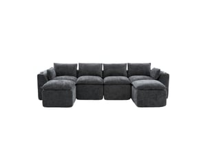Canapé modulable 4 places modenvie avec 2 poufs, coussins, porte-gobelets, poches latérales, assise en mousse et ressorts, chenille gris foncé 322 x 161 x 75 cm