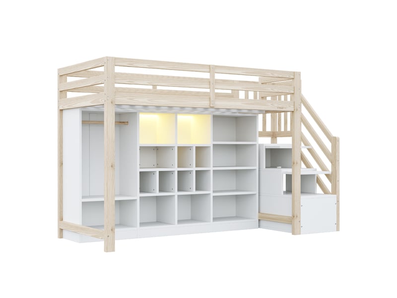  Lit mezzanine bois 90x200 cm avec rangement, armoire, étagères, placard, led intégrée, cadre et échelle intégrés  - Conforama D
