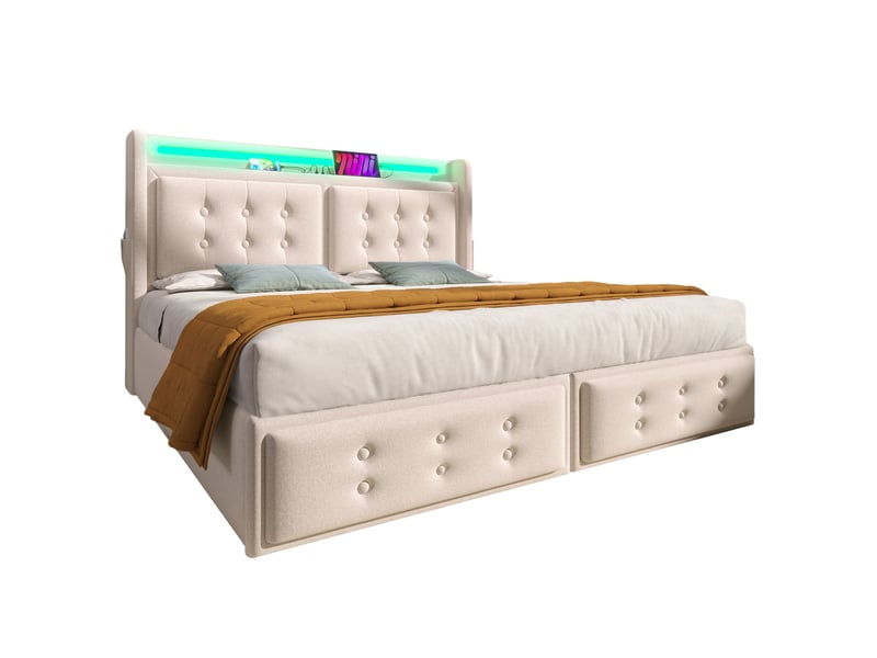  Lit coffre 180x200 cm beige avec led, prises usb et usb-c, sommier à lattes  - Conforama A