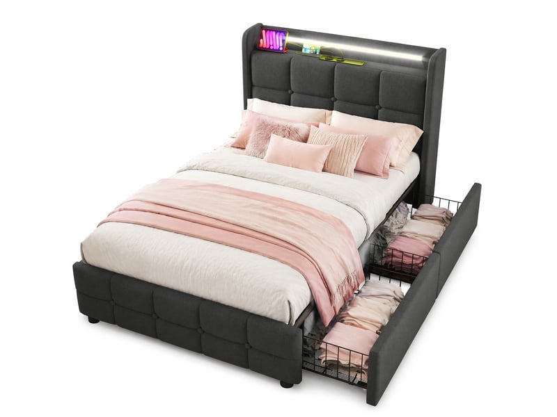 Modenvie lit simple 90x200 cm - led, prises et usb, 2 tiroirs, avec matelas - gris  - Conforama A