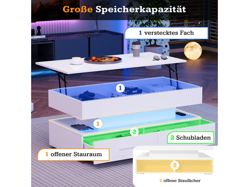 Table basse relevable avec 2 tiroirs, niche ouverte et éclairage led commandé par bluetooth pour salon, 100×50×44 cm - Conforama E