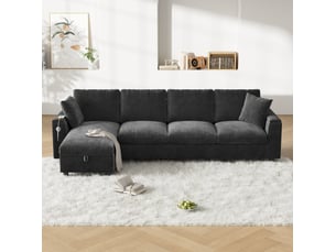 Canapé convertible d'angle réversible 4 places 280x137 cm gris en chenille, rangements et ports usb type-c