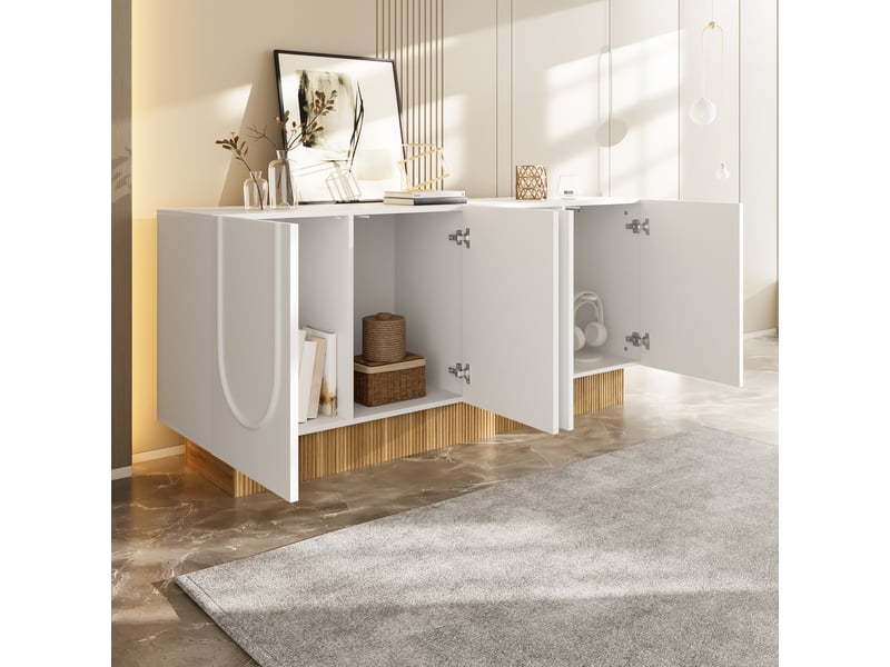 Buffet 160x75x38 cm avec 4 portes, meuble de rangement à 4 compartiments, façades à relief en u et socle décor bois, finition mate, blanc Seren Glow - Conforama D