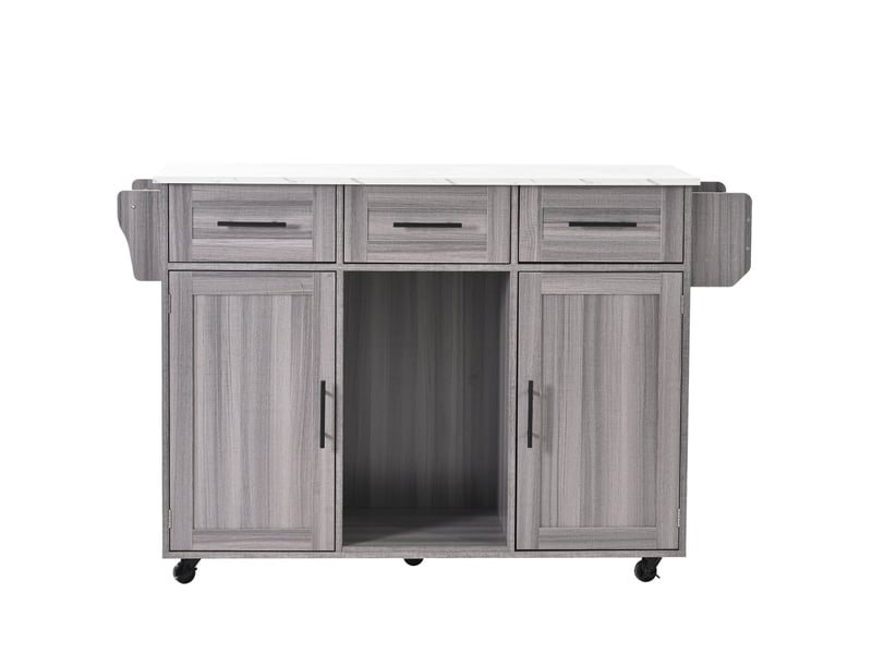  Desserte de cuisine grise 139x46(71)x91,5 cm avec plateau rabattable effet marbre et rangements  - Conforama A