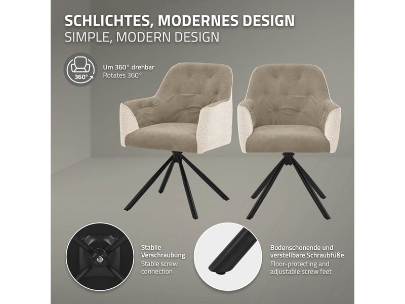  Ml-design lot de 2 chaises de salle à manger cuisine, pivotantes à 360°, en tissu tissé et simili, avec accoudoirs et dossier, cadre en acier, pieds réglables, rembourrage confortable, beige ECD Germany GmbH - Conforama C