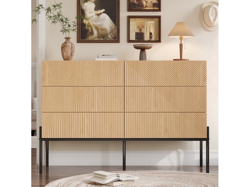  Buffet bas ulevr à 6 tiroirs, rangement 115,5 x 38 x 75 cm, mdf naturel, façade géométrique 3d et pieds en fer noirs  - Conforama B