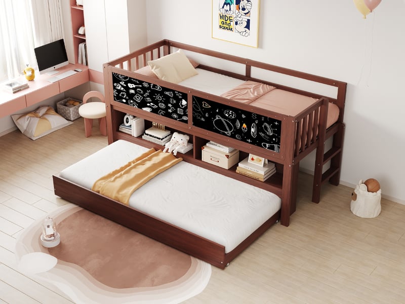 Lit gigogne enfant 90x200 cm - avec lit tiroir, échelle et tableau à gribouillis - bois marron - sans matelas - Conforama D