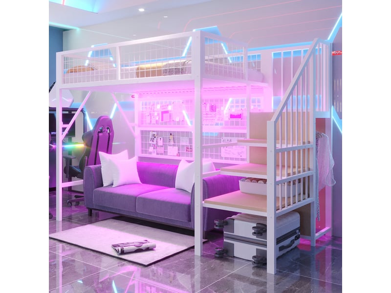  Lit mezzanine 90x200 cm led contrôlable par application, escalier de rangement en métal blanc  - Conforama D