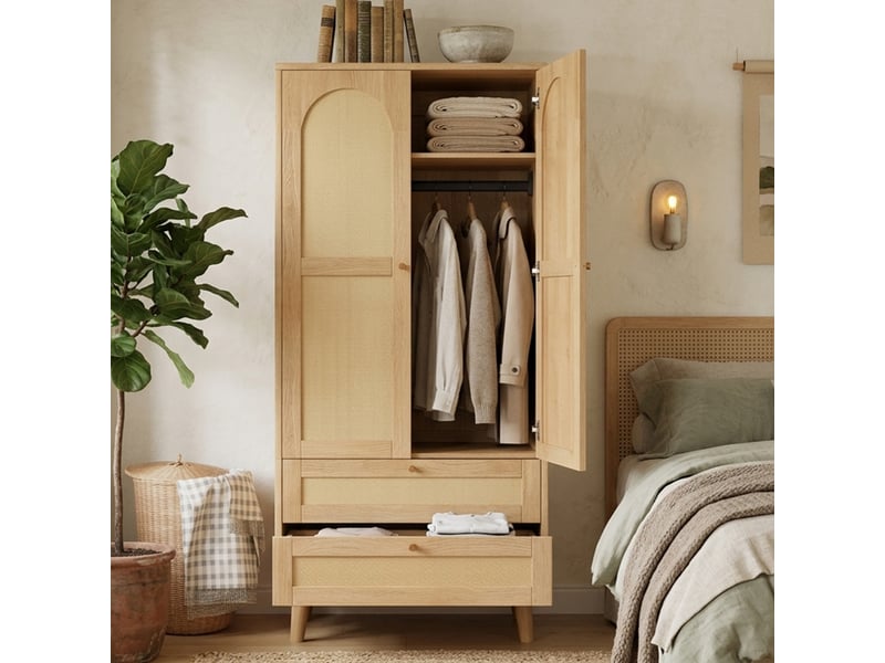 Armoire 80x50x180cm - design rotin + penderie + tiroirs - mdf - naturel CozyNest - Conforama C