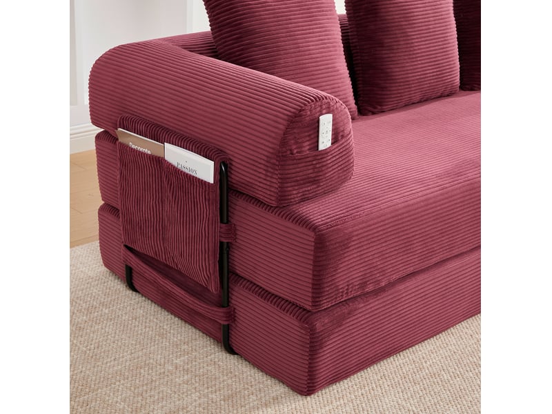  Canapé 3 places modulable en velours côtelé rouge bordeaux avec 3 coussins et poche latérale pour le salon  - Conforama D