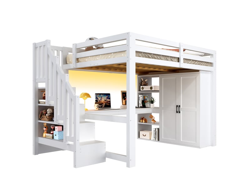  Lit mezzanine 140x200 cm avec bureau, armoire, escalier, usb et led, blanc  - Conforama A