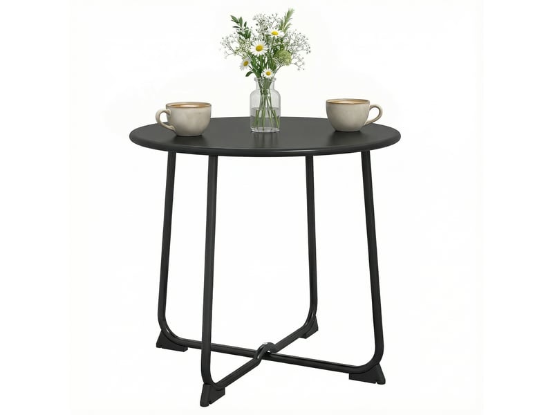 Table basse de jardin ronde de 50 cm de diamètre, en métal, avec piètement en x et pieds antidérapants, noire. - Conforama A